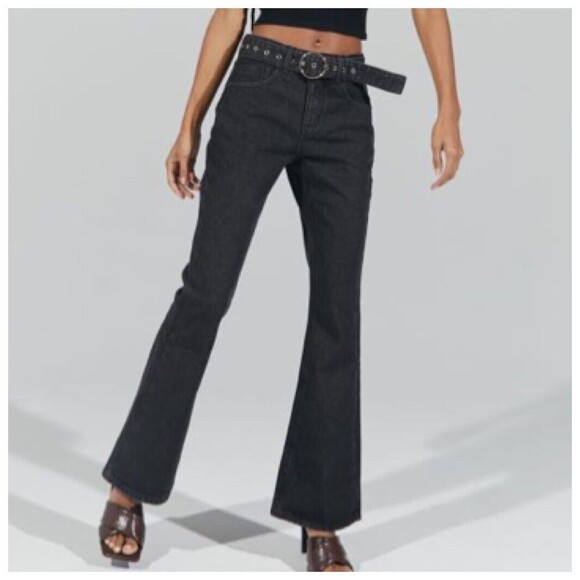 Urban Outfitters NWT Milk It Flare Jeans Women’s Size 24 Black High Rise Belted - Picture 1 of 14